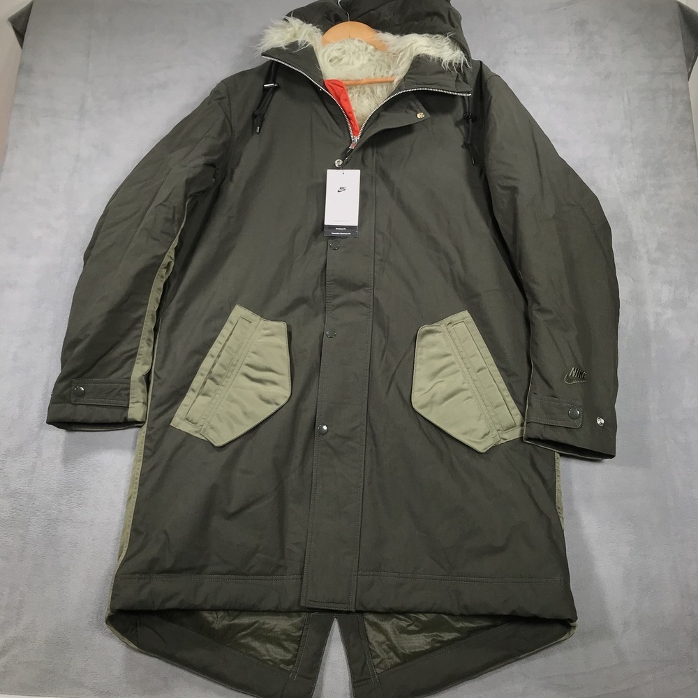 Nike Sportswear Sideline Parka Coat Med Army Green Reversible Faux Fur MSRP $600
